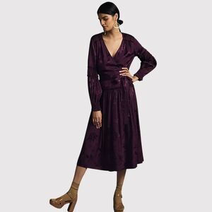 Current Air Women Dress Purple Maxi Long Sleeve Wrap V Neck Fit Flare Smocked XS